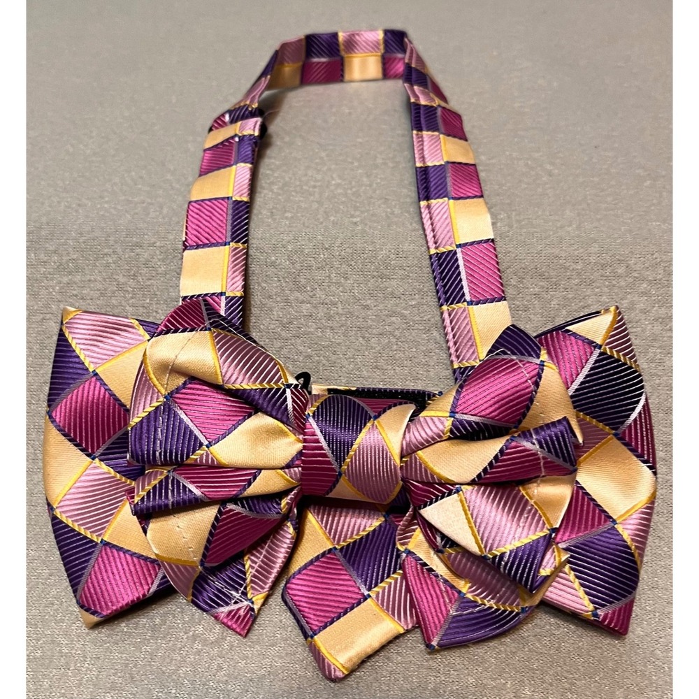 Handmade Purple Gold Geometric Harlequin Pre-Tied Bow Tie Adjustable Formal